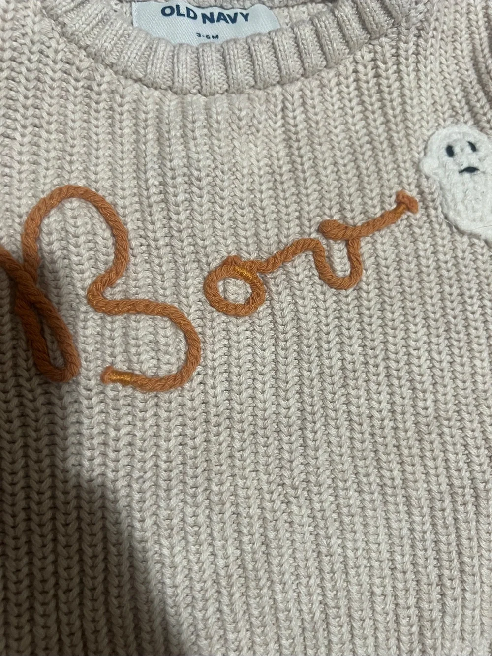 Kids Cream Knit Sweater with Embroidered 'Boo' Detail